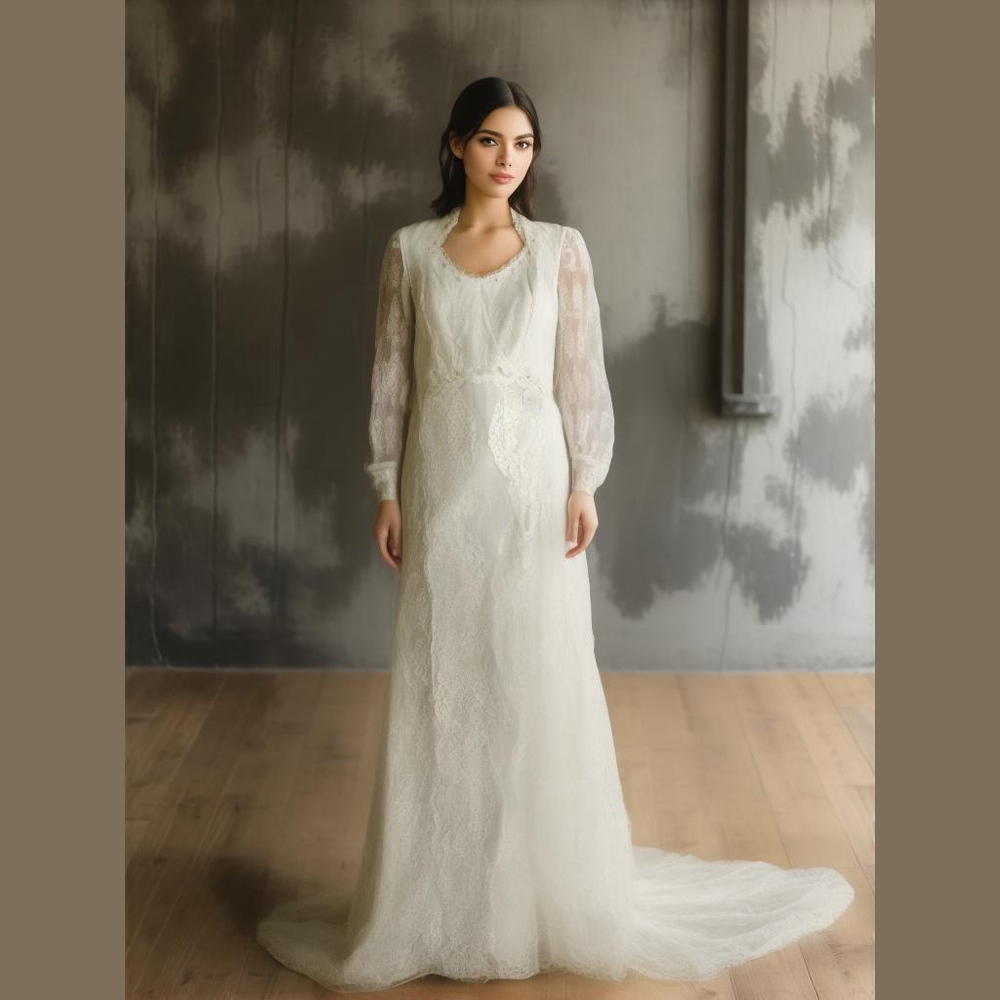 Vintage Lace Long Sleeve Wedding Dress w‎ Train XS